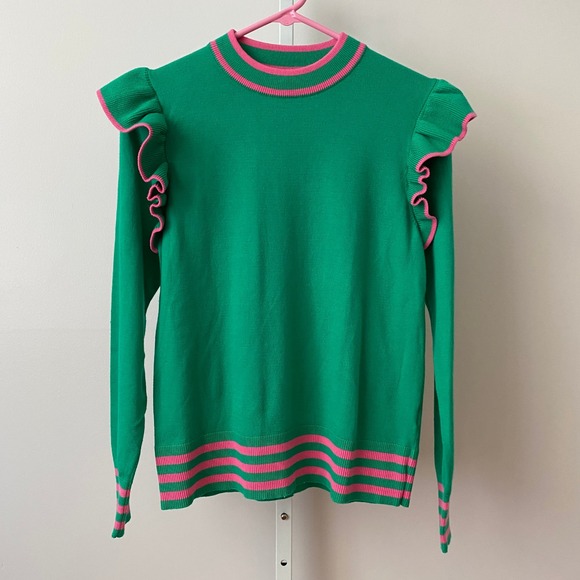 THML Sweaters - THML Small Green Pink Ruffle Shoulder Striped Trim Long Sleeve Knit Sweater